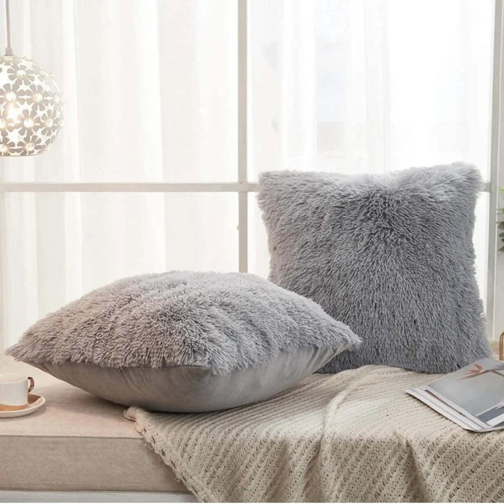 Luxury Home | Chic Grey Soft Plush Faux Fur Throw Pillow Covers